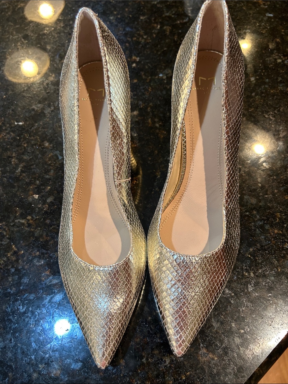 Marc Fisher Metallic Gold leather upper Snakeskin Pointed-Toe Pumps